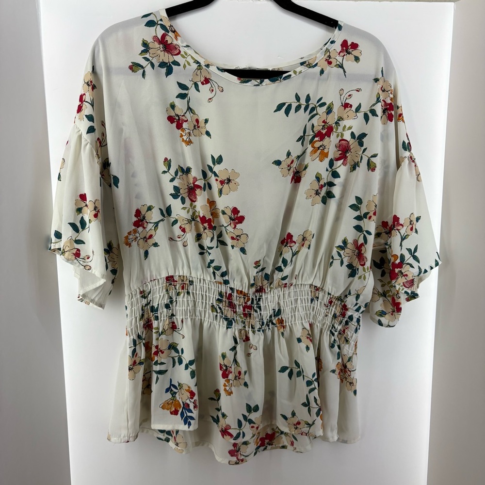 Perseption Concept White with Floral Designed Blouse, Women's Size Extra Large